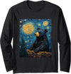 Bear Designs. Bear Van Gogh Style Starry Night Funny Graphic Long Sleeve T-Shirt - Black