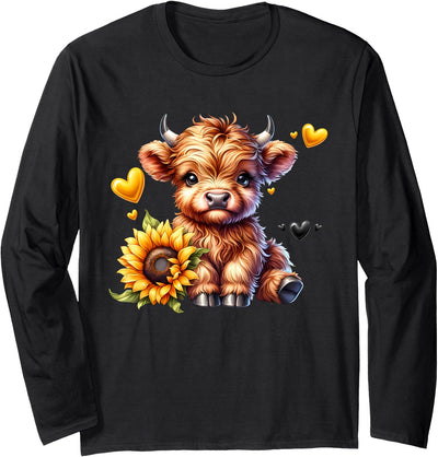 Highland Cow with Sunflower Girls Women Kids Cute Women Girl T-Shirt