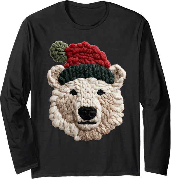 Christmas Winter Animals Clothing Co. Christmas Polar Bear with Santa Hat Marine Animal Winter Long Sleeve T-Shirt - Black