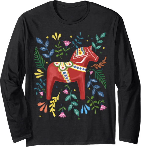 Swedish Dala Horse Swedish Nationality Swedish Dala Horse Folk Art Sweden Flag Dalahelmsoljd Horse Long Sleeve T-Shirt - Black