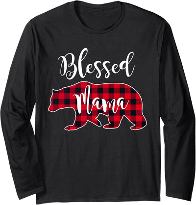 Blessed Mama Bear Buffalo Check Plaid Pattern Mom Mother Long Sleeve Shirt