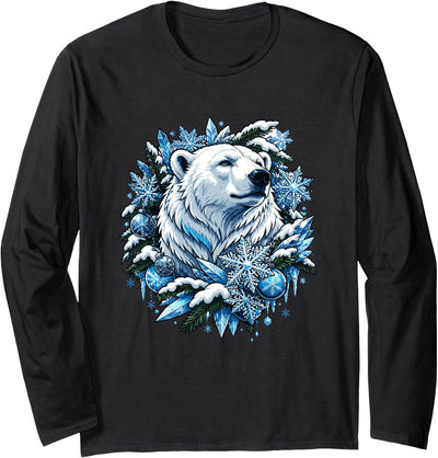 Arctic Polar Bear Winter Snowflakes Christmas Polar Bear Wreath Ice Crystals Long Sleeve T-Shirt