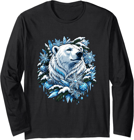 Arctic Polar Bear Winter Snowflakes Christmas Polar Bear Wreath Ice Crystals Long Sleeve T-Shirt - Black