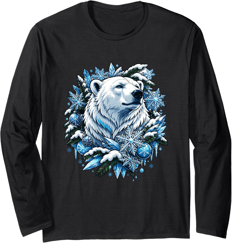 Arctic Polar Bear Winter Snowflakes Christmas Polar Bear Wreath Ice Crystals Long Sleeve T-Shirt - Black