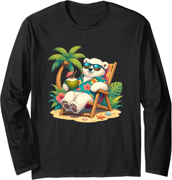 Tropical Polar Bear Summer Beach Vibes Relaxed Polar Bear Hawaiian Shirt Summer Beach Long Sleeve T-Shirt - Black