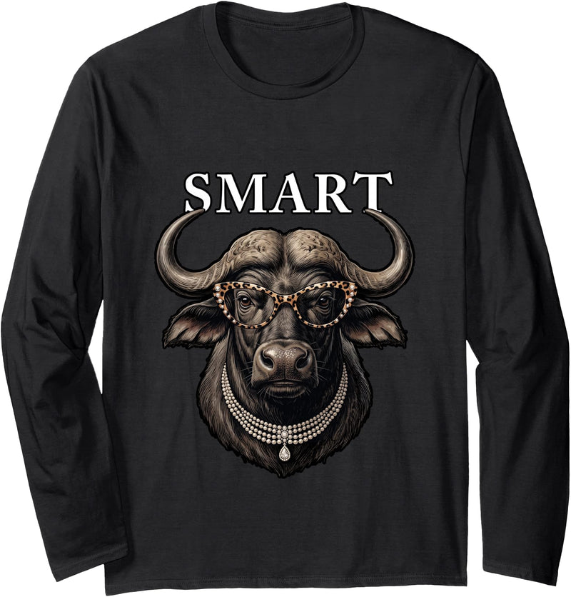 Funny Meme Smart Buffalo Gift Funny Necklace Leopard Glasses Smart Buffalo Long Sleeve T-Shirt - Black