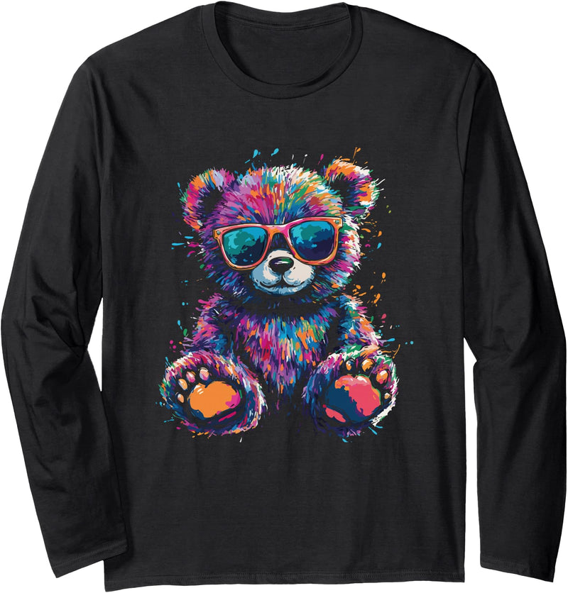 Colorful Vibrant Teddy Bear Art Splashes Cool Teddy Bear Cute With Sunglasses Colorful Vibe Long Sleeve T-Shirt - Black