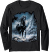 Fantasy Art Design Horse Forest Nature Mountain Beautiful black Horse running through the snow Long Sleeve T-Shirt - As Pictured