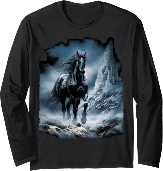 Fantasy Art Design Horse Forest Nature Mountain Beautiful black Horse running through the snow Long Sleeve T-Shirt - As Pictured