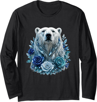 Arctic Polar Bear Crystal Rose Winter Spirit Majestic Polar Bear with Blue Ice Crystal Roses Long Sleeve T-Shirt