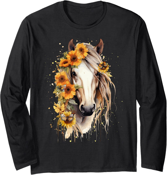 Just a girl who loves horses Co. Sunflower Horse Portrait CowGirl Equestrian Horseback Riding Long Sleeve T-Shirt - Black