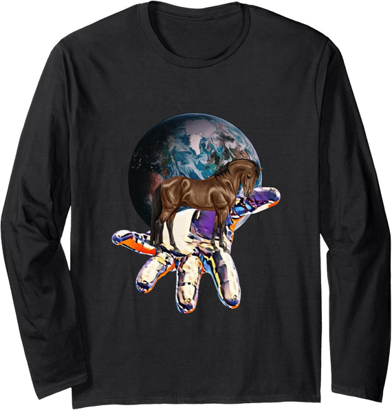 Horses | Girls Women Gift Kids Men Boys Horse Motif Long Sleeve T-Shirt - Black