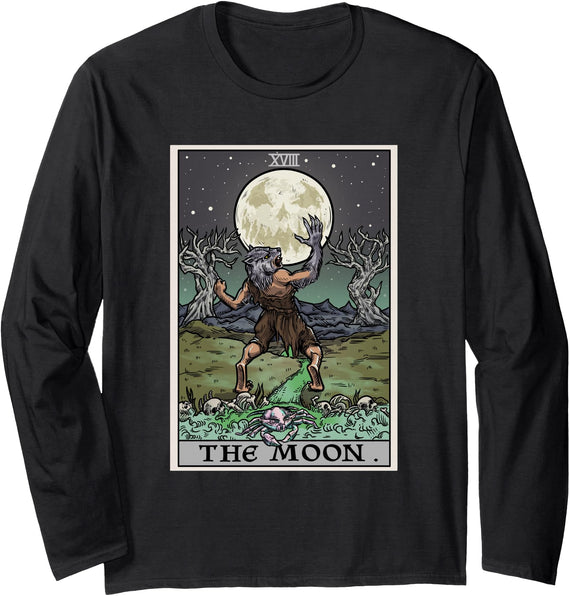 The Ghoulish Garb The Moon Tarot Card Gothic Halloween Werewolf Goth Horror Long Sleeve T-Shirt - Black