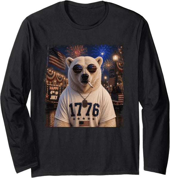 Polar Bear Patriotic America USA Designs Polar Bear Smoking Cigarette 250 Years Long Sleeve T-Shirt - Black