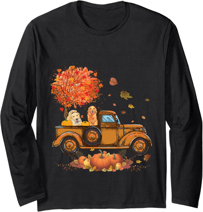 Autumn Leaf Fall Halloween thanksgiving dogs idea Golden Retriever Pumpkin Truck Autumn Leaf Fall thanksgiving Long Sleeve T-Shirt