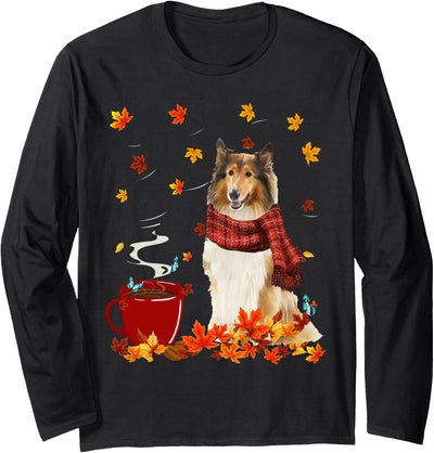 Rough Collie Dog Thanksgiving Fall Autumn Lover Rough Collie Fall Red Scarf Autumn Leaf For Dog Lover Long Sleeve T-Shirt