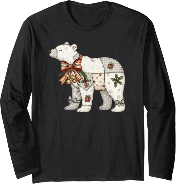 Cute Polar Bear Xmas Quilt Winter Holiday Patchwork Polar Bear Cute Christmas Quilt Long Sleeve T-Shirt - Black