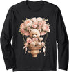 Baby Teddy Bear Pink Peony Flower Hot Air Balloon Long Sleeve T-Shirt - As Pictured