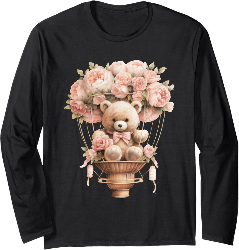 Baby Teddy Bear Pink Peony Flower Hot Air Balloon Long Sleeve T-Shirt - As Pictured