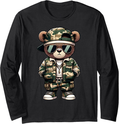 Camo Hip Hop Teddy Bear Camouflage Gangsta Streetwear Hustle Long Sleeve Shirt