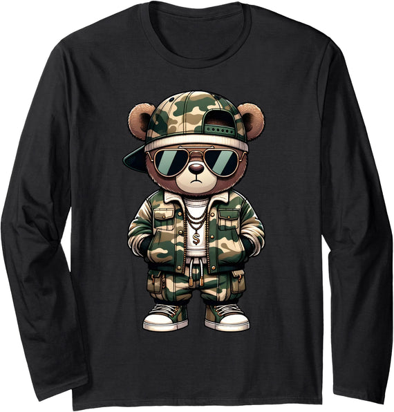 Camo Teddy Bear Hip Hop Designs for Men & Boys Camo Hip Hop Teddy Bear Camouflage Gangsta Streetwear Hustle Long Sleeve T-Shirt - Black