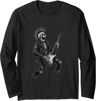 Miley Designs Grunge Skeleton Rock Guitarist Punk Heavy Metal Halloween Long Sleeve T-Shirt