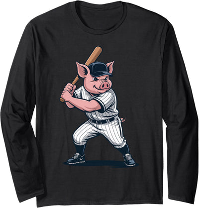 Funny Pig Playing Baseball Artwork Vintage Animal Baseballer Long Sleeve Shirt