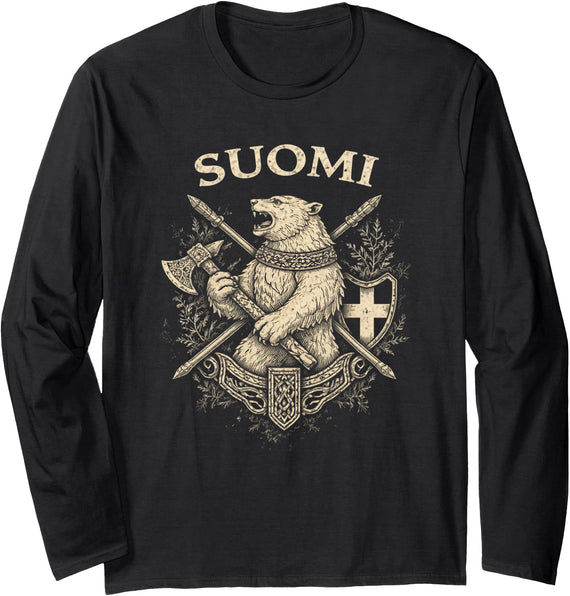 Threadrock Suomi Vintage Bear Heritage Finland Finnish Pride Long Sleeve T-Shirt - Black