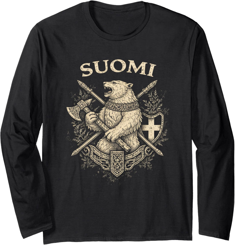 Threadrock Suomi Vintage Bear Heritage Finland Finnish Pride Long Sleeve T-Shirt - Black