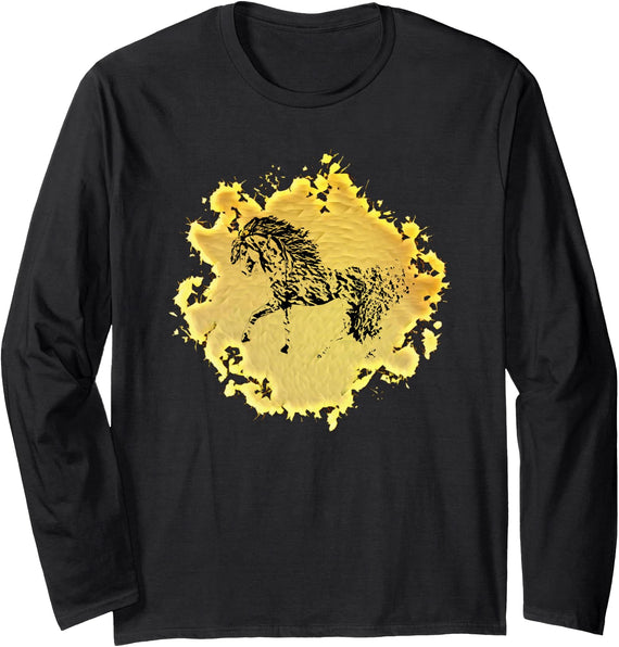Horses + Girls Women Gift Kids Men Boys Horse Motif Long Sleeve T-Shirt - Black