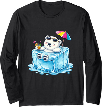 Cool Polar Bear Summer Ice Cube Relax Chill Polar Bear On Ice Cube Summer Vacation Long Sleeve T-Shirt