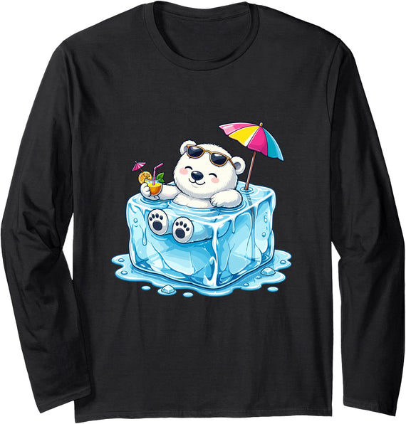 Cool Polar Bear Summer Ice Cube Relax Chill Polar Bear On Ice Cube Summer Vacation Long Sleeve T-Shirt - Black