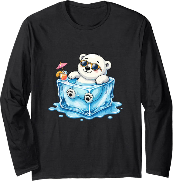 Cool Polar Bear Summer Ice Cube Vibes Chill Polar Bear in Ice Cube Summer Mood Long Sleeve T-Shirt - Black