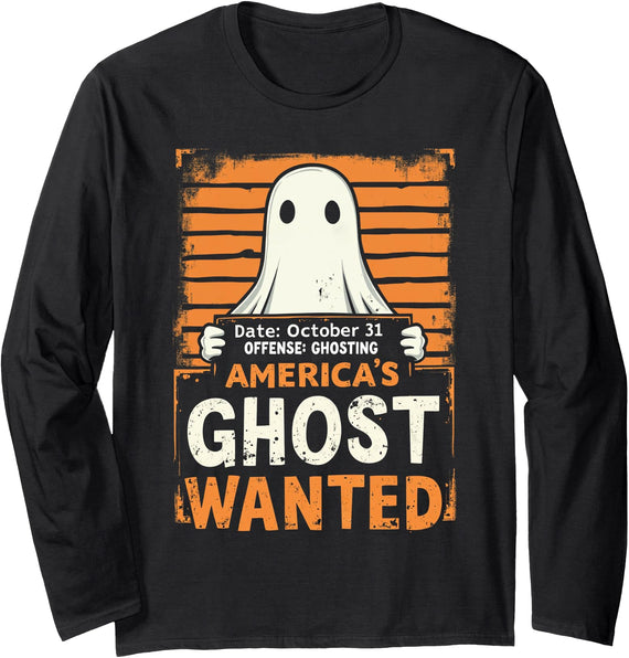 America's Wanted Halloween Ghost Humor Apparel America's Ghost Wanted Funny Halloween Ghosting Long Sleeve T-Shirt - Black