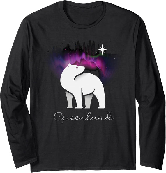 Aurora Borealis Greenland Souvenir Gifts by PLOLDS Greenland Northern Lights Arctic Polar Bear Souvenir Long Sleeve T-Shirt - As Pictured
