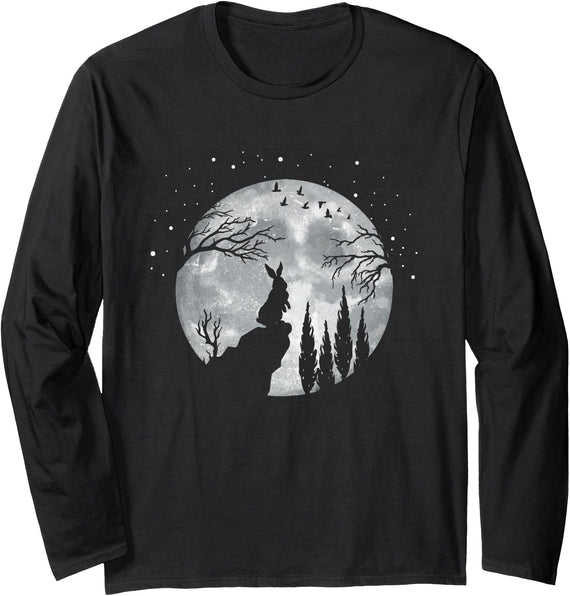 Rabbit Hare Animal Full Moon at Night - Funny Pet Long Sleeve Shirt in Black