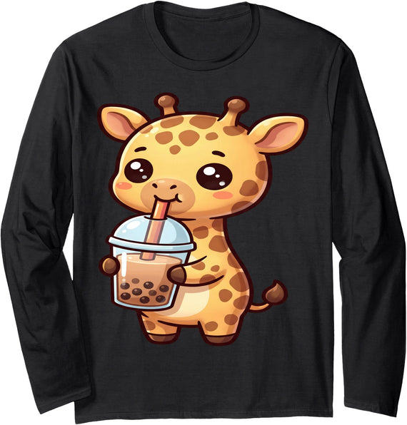 Cute Giraffe Lover Giraffe Drinking Boba Tea Kawaii Long Sleeve T-Shirt - Black