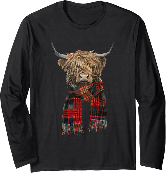 Funny Highland Cow Farming Farmer Cute Highland Cow Wearing Buffalo Plaid Scarf Farming Farmer Long Sleeve T-Shirt - Black