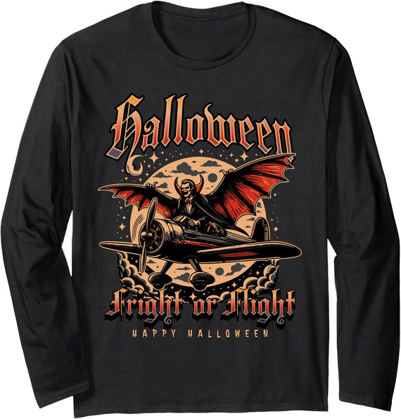 Boo! Trick or Treat fun funny happy Halloween cute Fright or Flight Halloween Airplane Lover Pilot Plane Flyer Long Sleeve