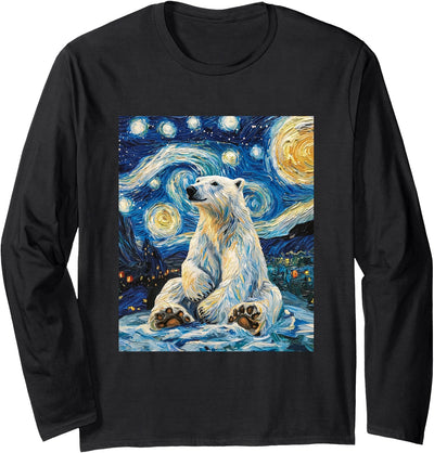 Bear Designs. Cute Polar Bear Van Gogh Style Starry Night Funny Graphic Long Sleeve T-Shirt
