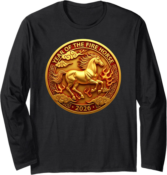 Chinese Zodiac Horse Year of the Fire Horse 2026 Long Sleeve T-Shirt - Black