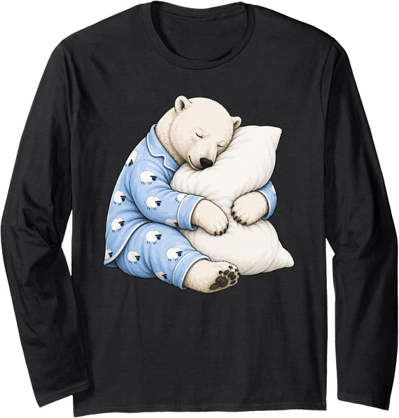 Funny Sleepy Polar Bear Pajama Polar Bear Sleeping in Cute Pajamas Sleep Long Sleeve T-Shirt - Black