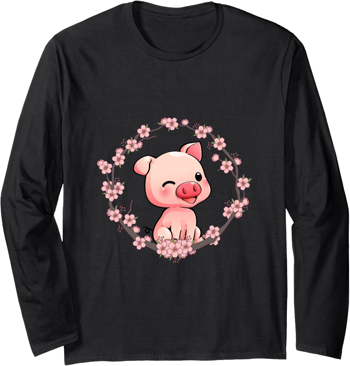 Pig Farm Animal Gift Flowers Pig Long Sleeve T-Shirt - Black