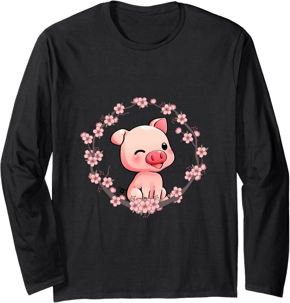 Pig Farm Animal Gift Flowers Pig Long Sleeve T-Shirt - Black