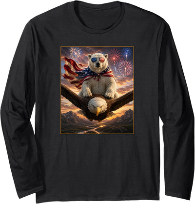 MericaLife Polar Bear Polar Bear on Bald Eagle American Flag Glasses USA Long Sleeve T-Shirt