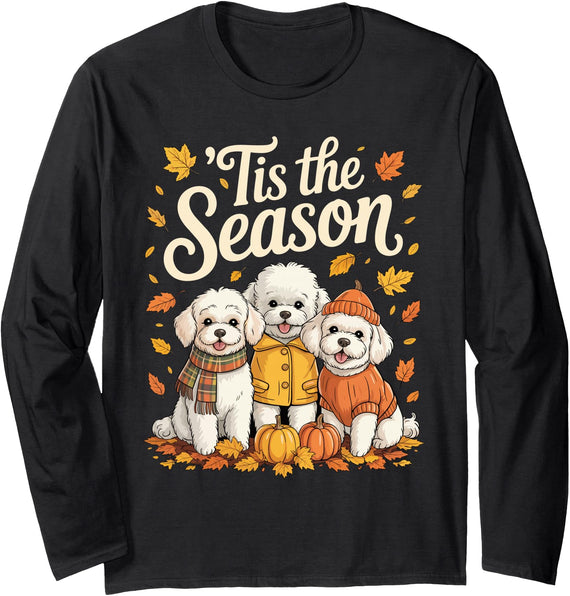 Bichon Frise Lovers Halloween Thanksgiving Tis The Season Bichon Frise Fall Autumn Pumpkin Dog Long Sleeve T-Shirt - Black