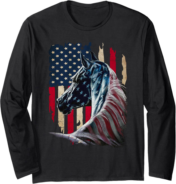 Patriotic Horse American Flag - Horse Vintage Long Sleeve T-Shirt - Black