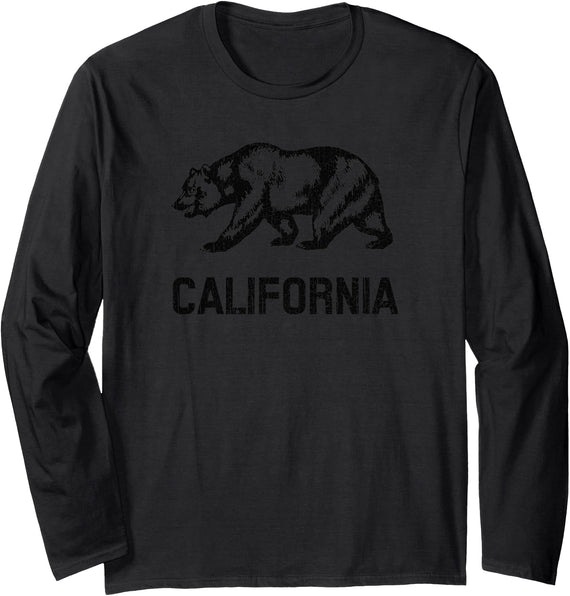 California Republic Bear Designs California Republic Flag Distressed Bear Long Sleeve T-Shirt - Black