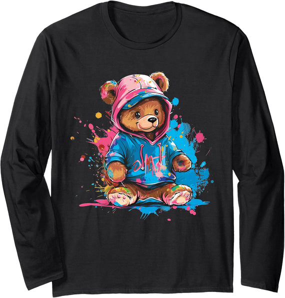 Teddy Bear Colorful Men WomenDesigns Hip Hop Colorful Teddy Bear Men Women Kids Long Sleeve T-Shirt - Black
