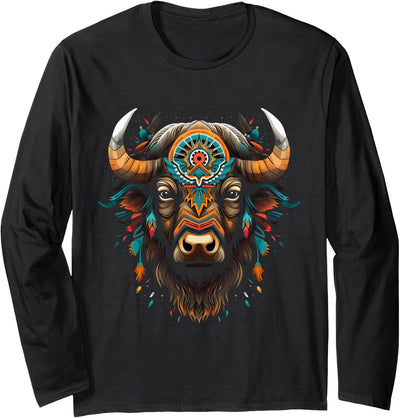 Bison American Buffalo Colorful Boho Native American Pattern Long T-Shirt